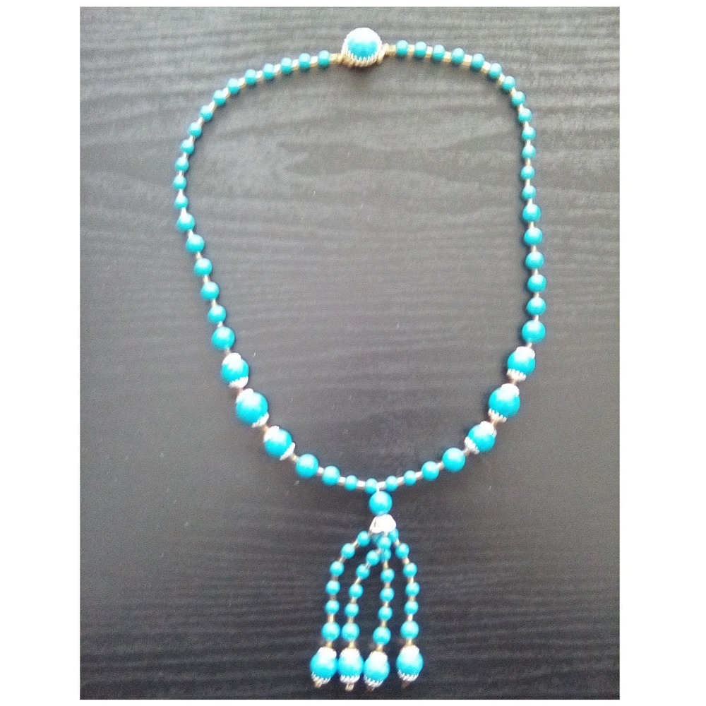 Vintage‎ Turquoise Blue Beaded Tassel Necklace Gold Silver Tone Accents Retro